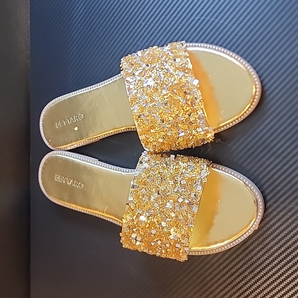 EETTARO Womens glitter shiny slide sandals, flat slippers, jeweled, gold, sz 11
